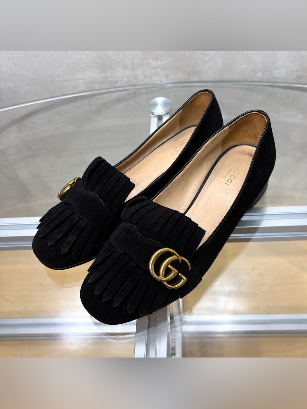 Gucci Black Suede Fringe Loafers with Gold GG